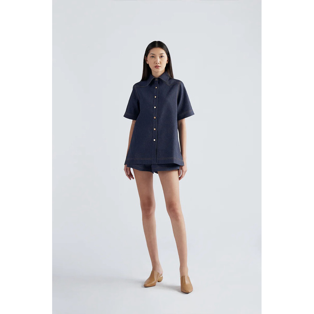 Duma Baju Atasan Top Bardi Shirt Kemeja Denim Blue Lengan Pendek Wanita