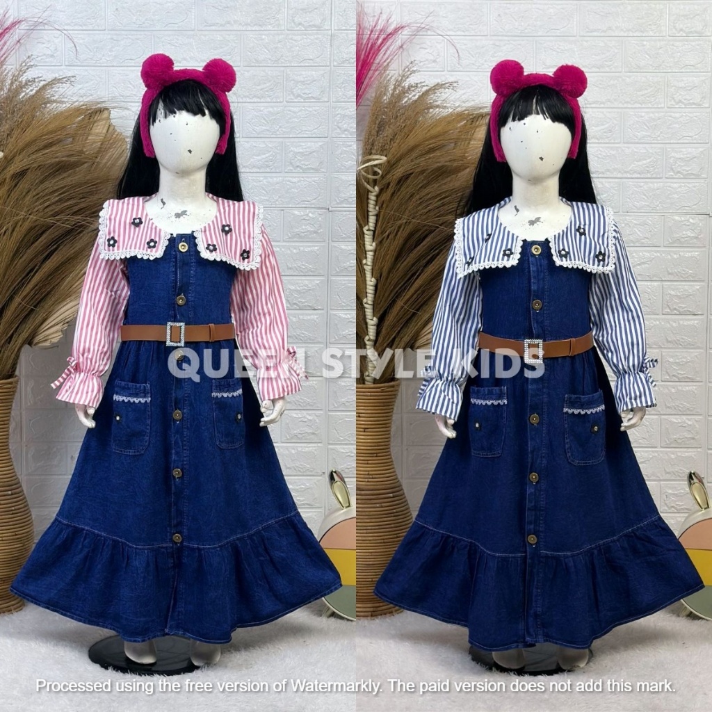 QueenStyleKids Setelan Dress Jeans Anak Perempuan Laura Usia 4-10 Tahun - Gamis Jeans Salur Katun