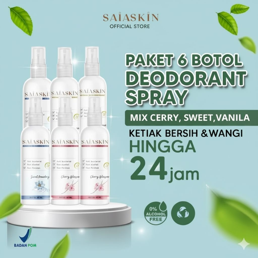 Deo Saia PAKET 6 BOTOL Mix Deodorant tawas spray 60ml SaiaSkin (BPOM )