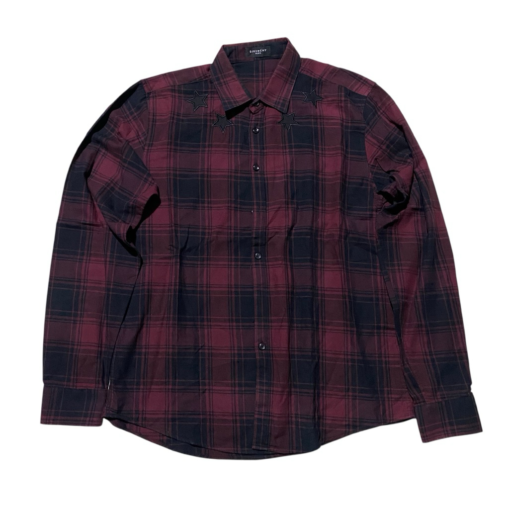 embroidered star red and black plaid shirt