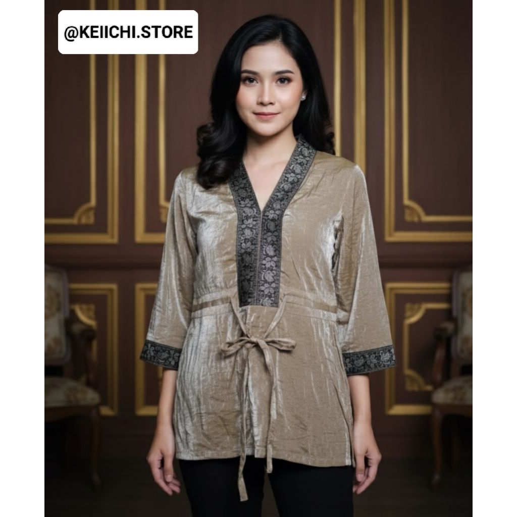 Blouse Tunik Wanita Velvet V-Neck Etnik Oriental Coklat Gold | Size M