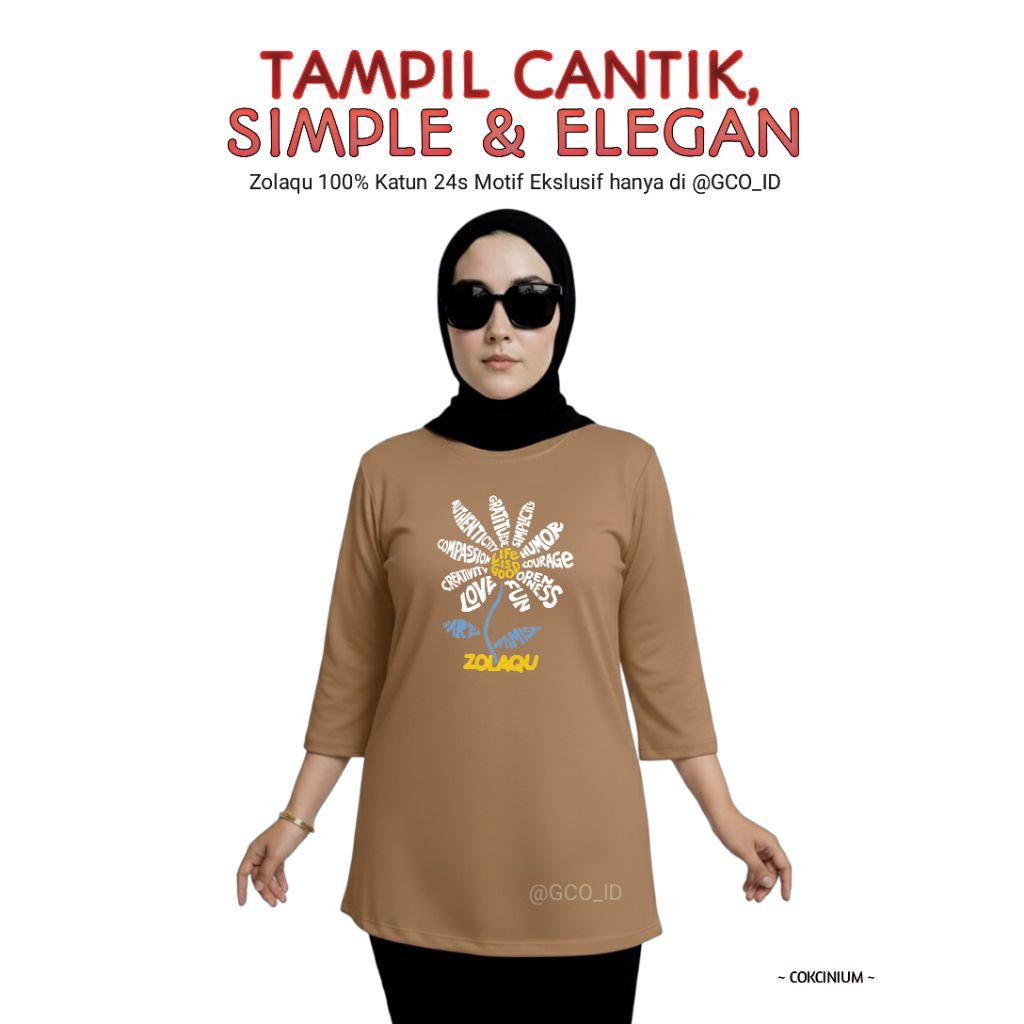 Semitunik Zolaqu Original Wanita Terbaru 2025 Motif Ekslusif | Kaos T-shirt Coklat Bulis Lengan Panj
