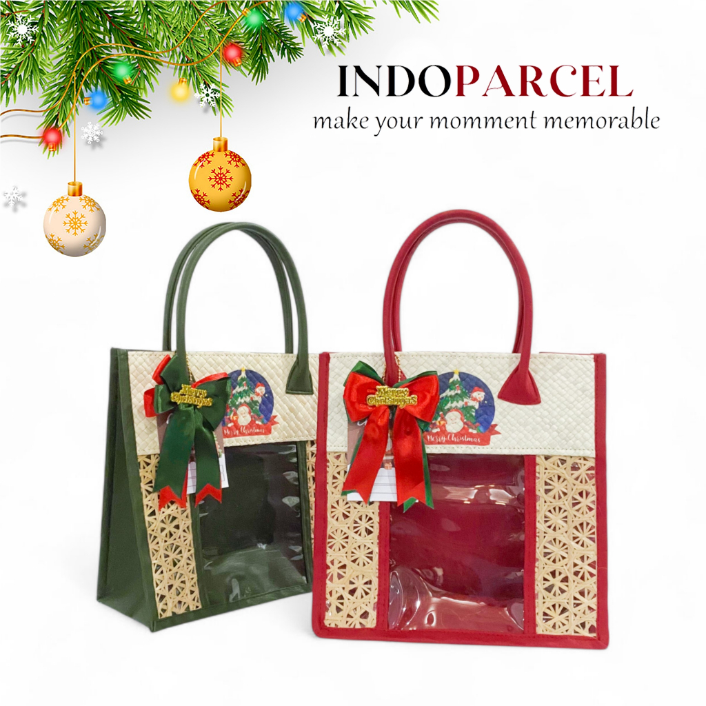 INDOPARCEL - Tas Hampers Natal Anyaman Pandan Kombinasi Bambu Tas Bingkisan Gift Bag Tas Kado Tas Ha