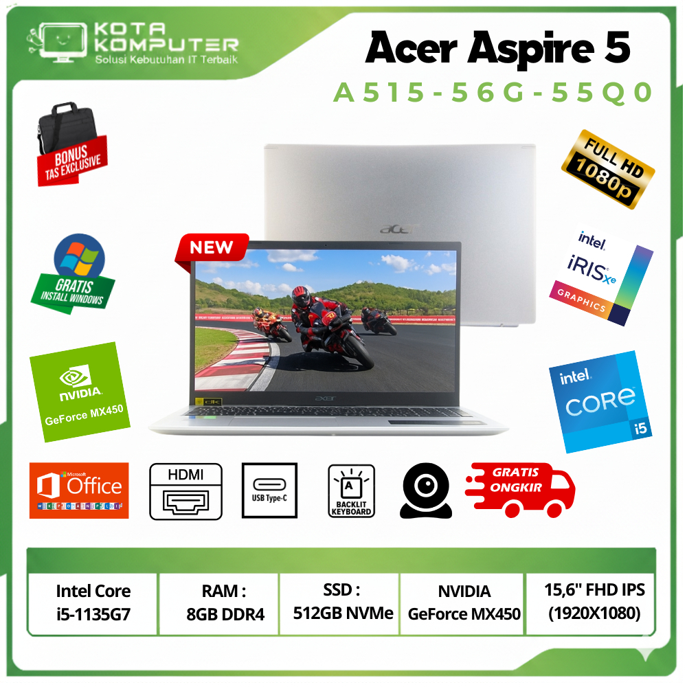 Acer Aspire 5 A515-56G-55Q0 Core i5 Gen11 Ram 8GB SSD 512GB intel Iris 15,6" FHD IPS