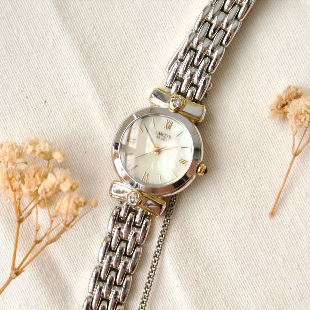 Jam Tangan Wanita Vintage Watch LANCETTI Milano Round White MOP Dial Silver Chain Original Autentik 