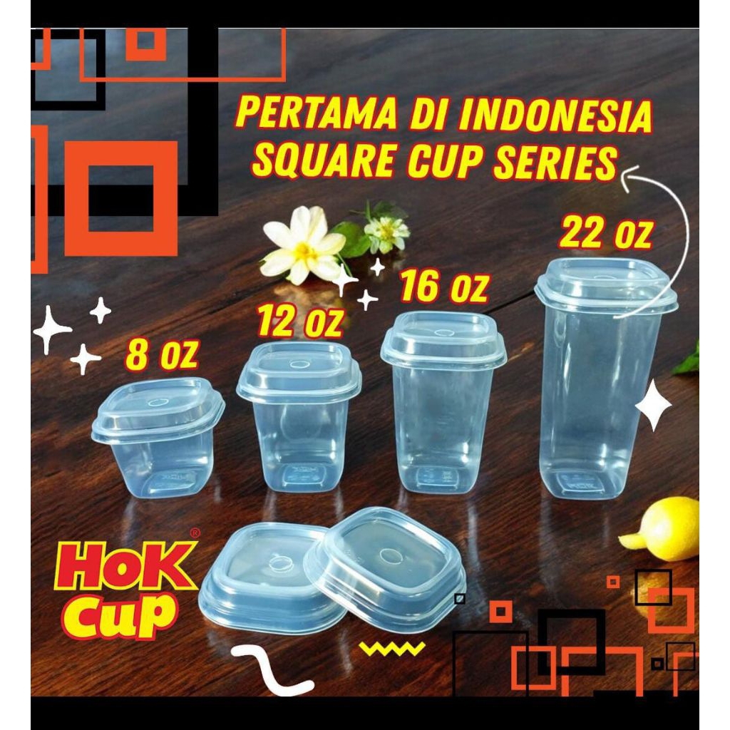 HOK Square Cup Series Gelas Plastik Kotak Plus Tutup Ukuran 8Oz 12Oz 16Oz 22Oz New Product Gelas Min