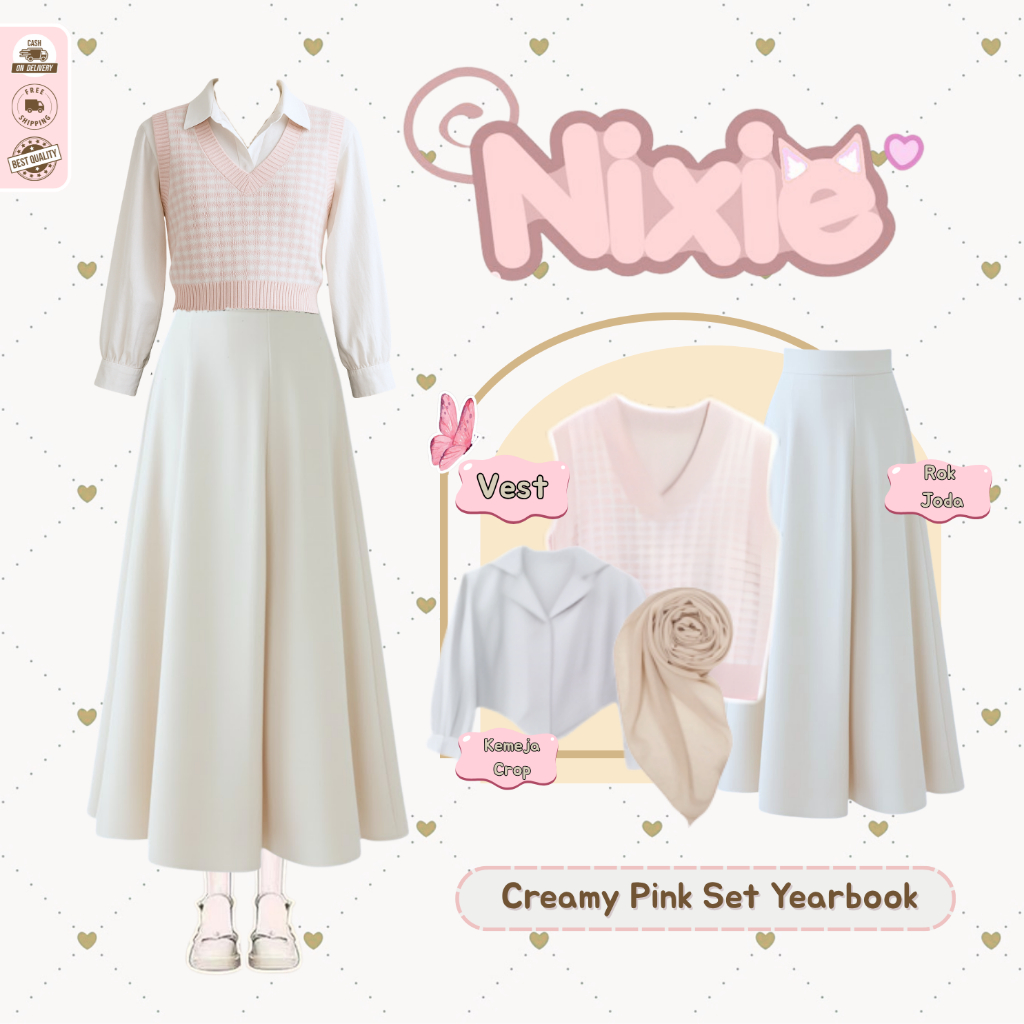 Nixi Outfit American School Yearbook Outfit ( Hijab + Vest + Kemeja + Rok ) Ootd Yearbook Viral -D02