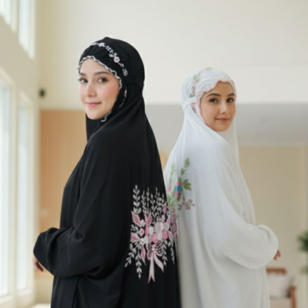 (Produksi Sendiri) Mukena  Terusan Rayon Bordir Bunga Tile Punggung Dewasa Adem Murah Kekinian Viral