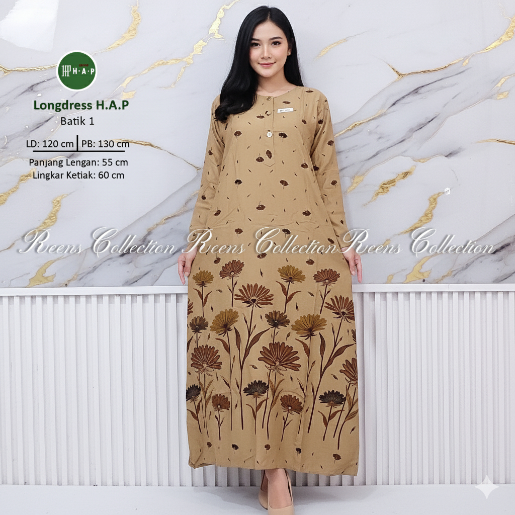 Batik H.A.P Longdress Pola LD 120 cm | Daster Lengan Panjang Semata Kaki 3 Kancing Depan Busui
