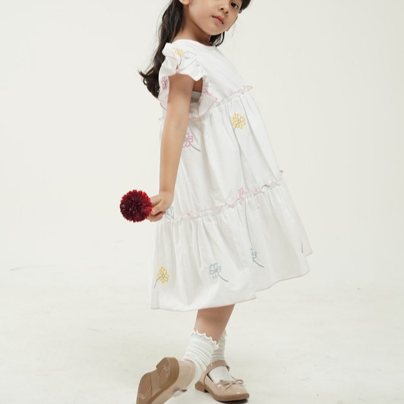 Liora Dress Off White - Chic Flower - Premium Pure Cotton with Embroidery (dress anak katun bordir)