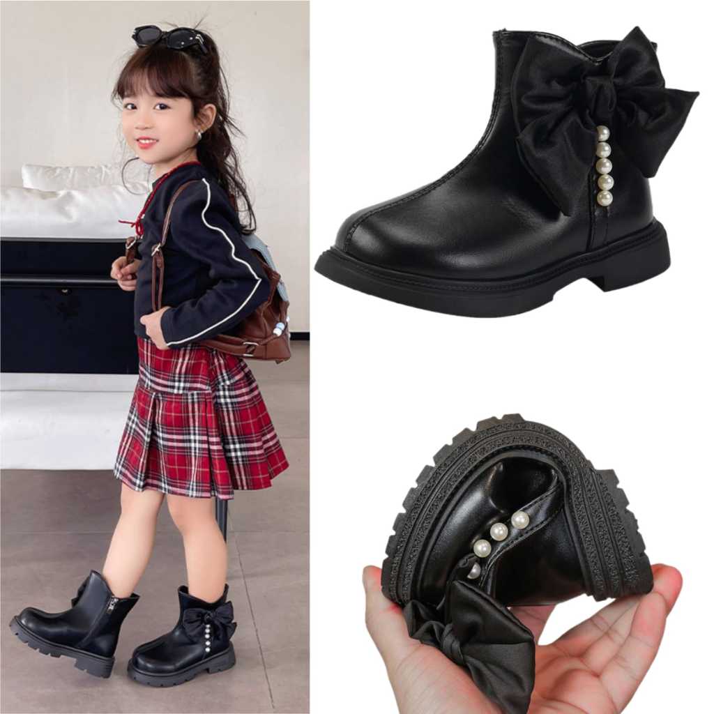 Sepatu Boots Anak Perempuan Hitam Korean Style Pita Mutiara