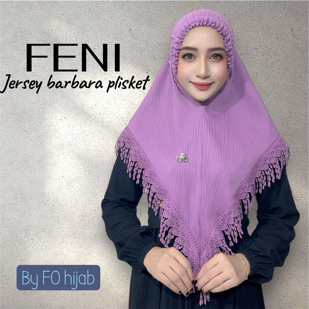 Hijab instan Feni bergo kerut dahi jersey barbara plisket renda tetes hujan cantik mewah by FO hijab