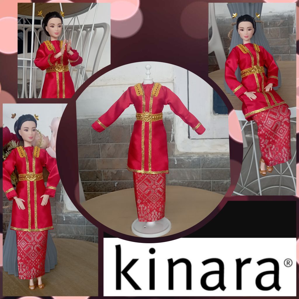 Set Baju Adat Melayu Bengkulu Plus Kain Songket Merah Barbie Doll