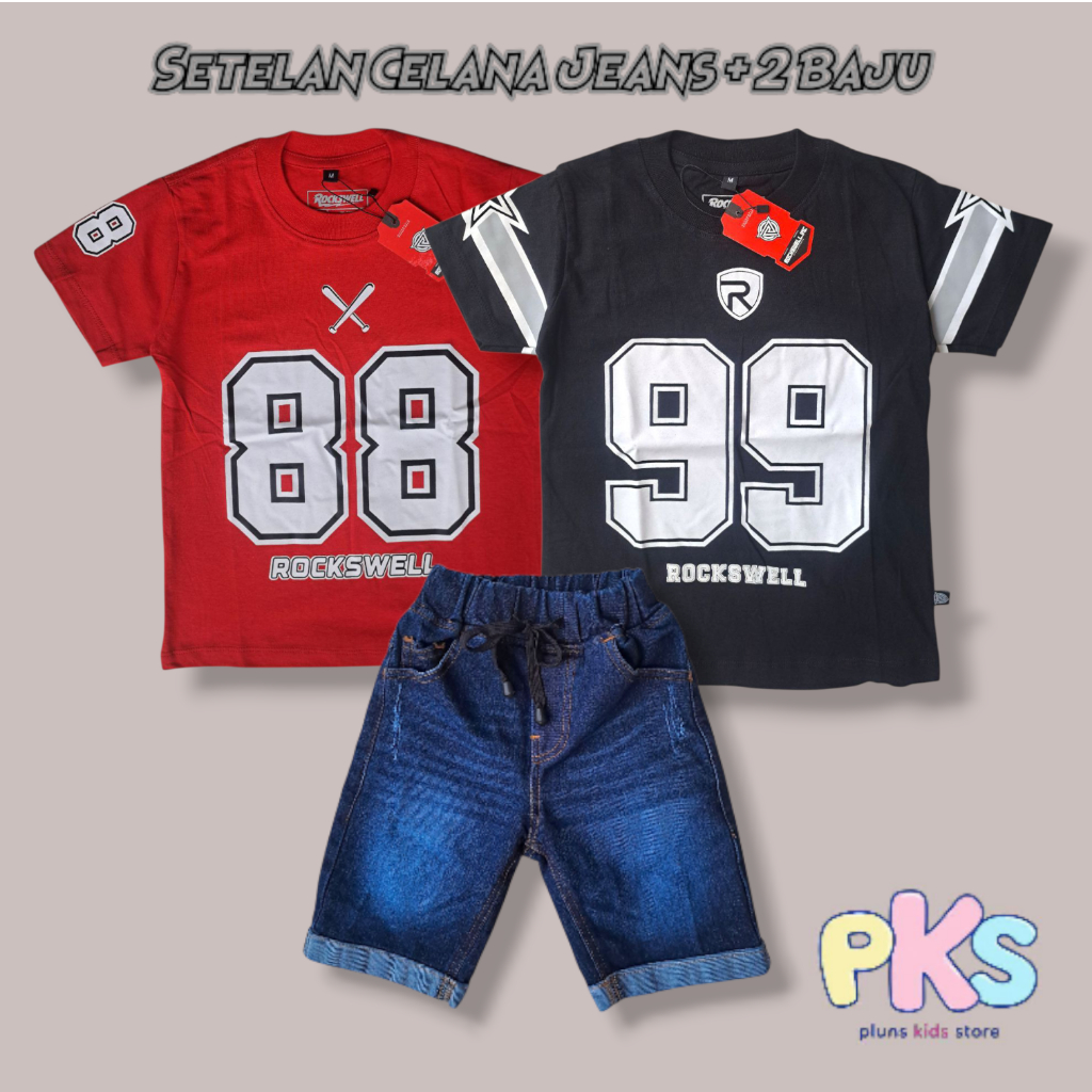Setelan Anak Laki Laki 2 Baju BaseBall 1 Celana Jeans Denim 4-15 Tahun