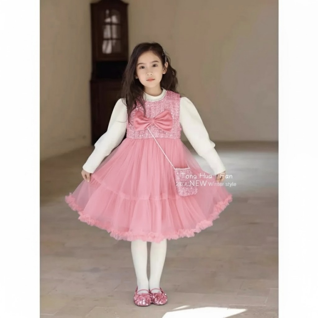 Dress Tutu Tile Anak Perempuan Usia 1-4 Tahun | Baju Lengan Panjang Balon Kombinasi Outer Glitch Var