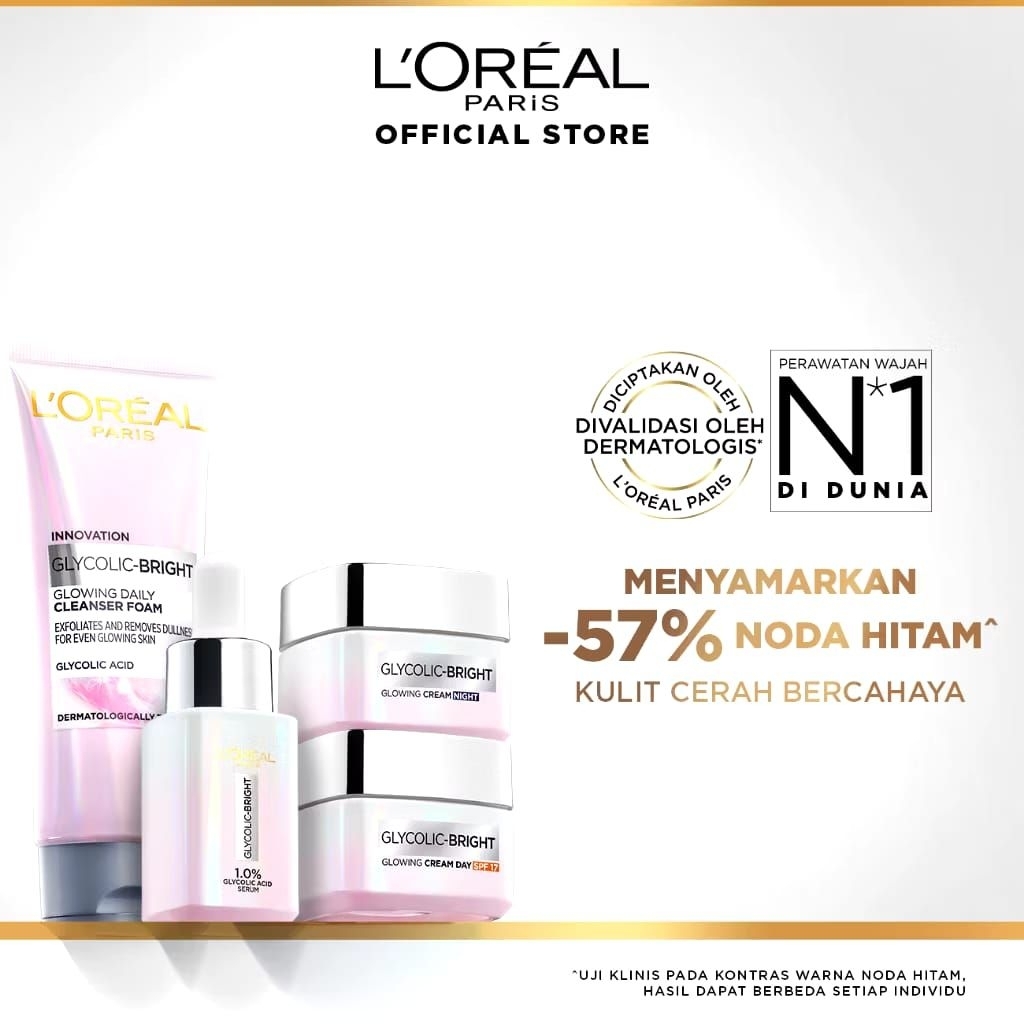 NEW LOreal Paris Glycolic Bright Glowing Skincare Set - Facial Foam 50 ml, Toner 65ml, Serum 15ml, D