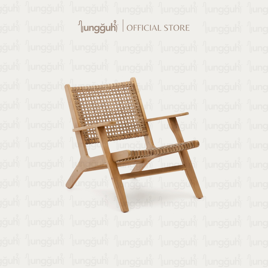 Kursi Santai Kayu Jati Tali Anyaman Rotan Sintetis Lounge Chair Minimalis Outdoor Teras Balkon