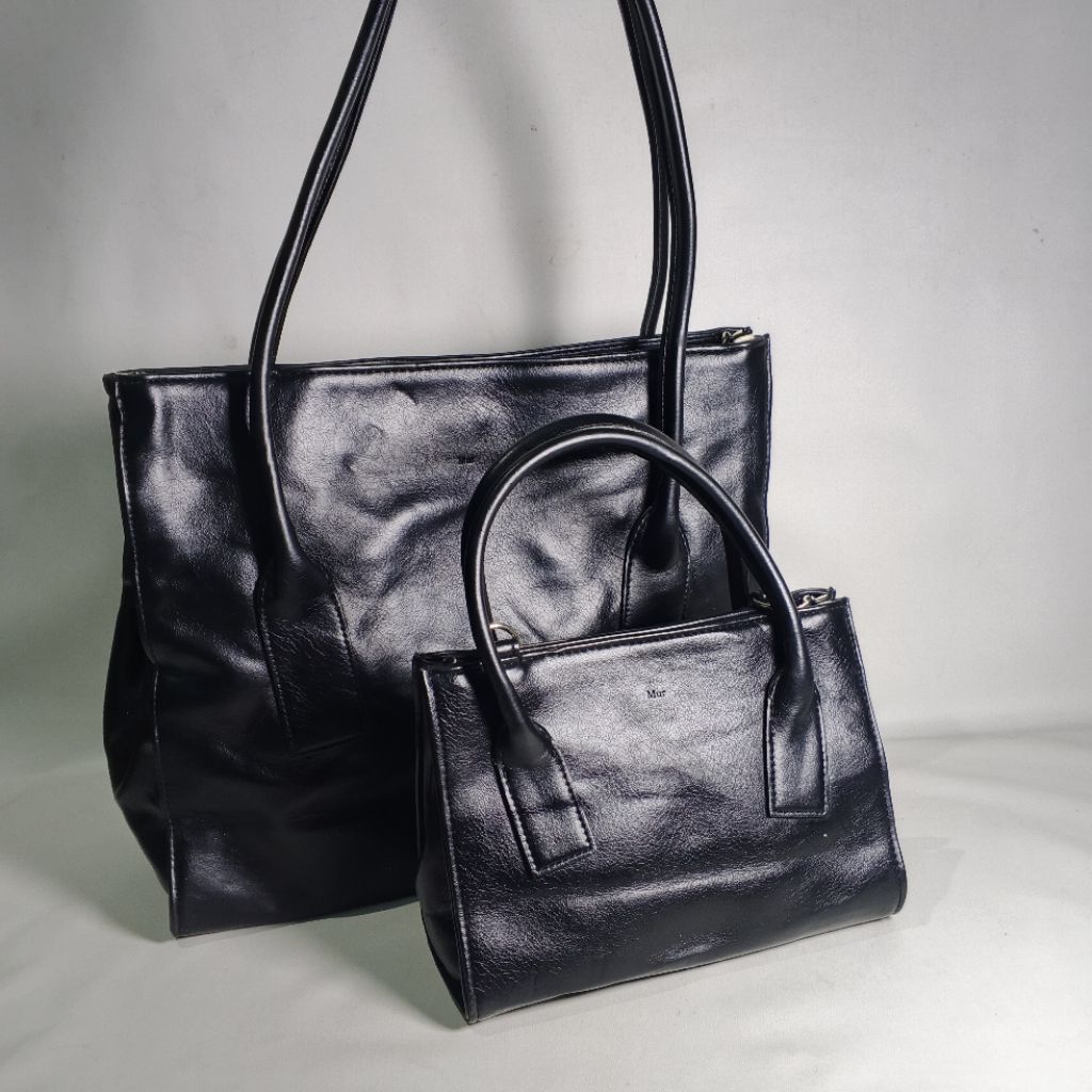 Mur New Day Black Leather Tote Sling Bag