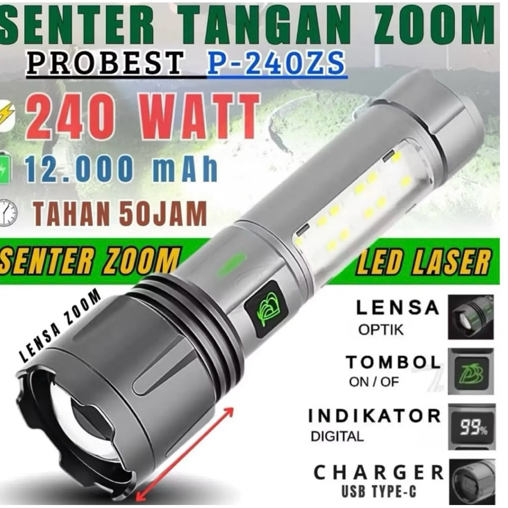 Senter Tangan Zoom Original Bahan Aluminium  Alloy Flashlight Laser Swat Super Terang 240Watt / Sent