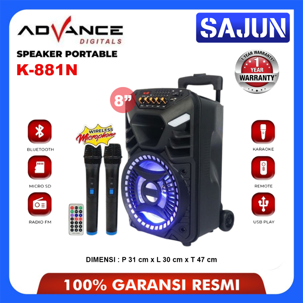 ADVANCE Speaker Bluetooth 8 inch Karaoke Portable K881N / K-881N Free 2 Mic Wireless