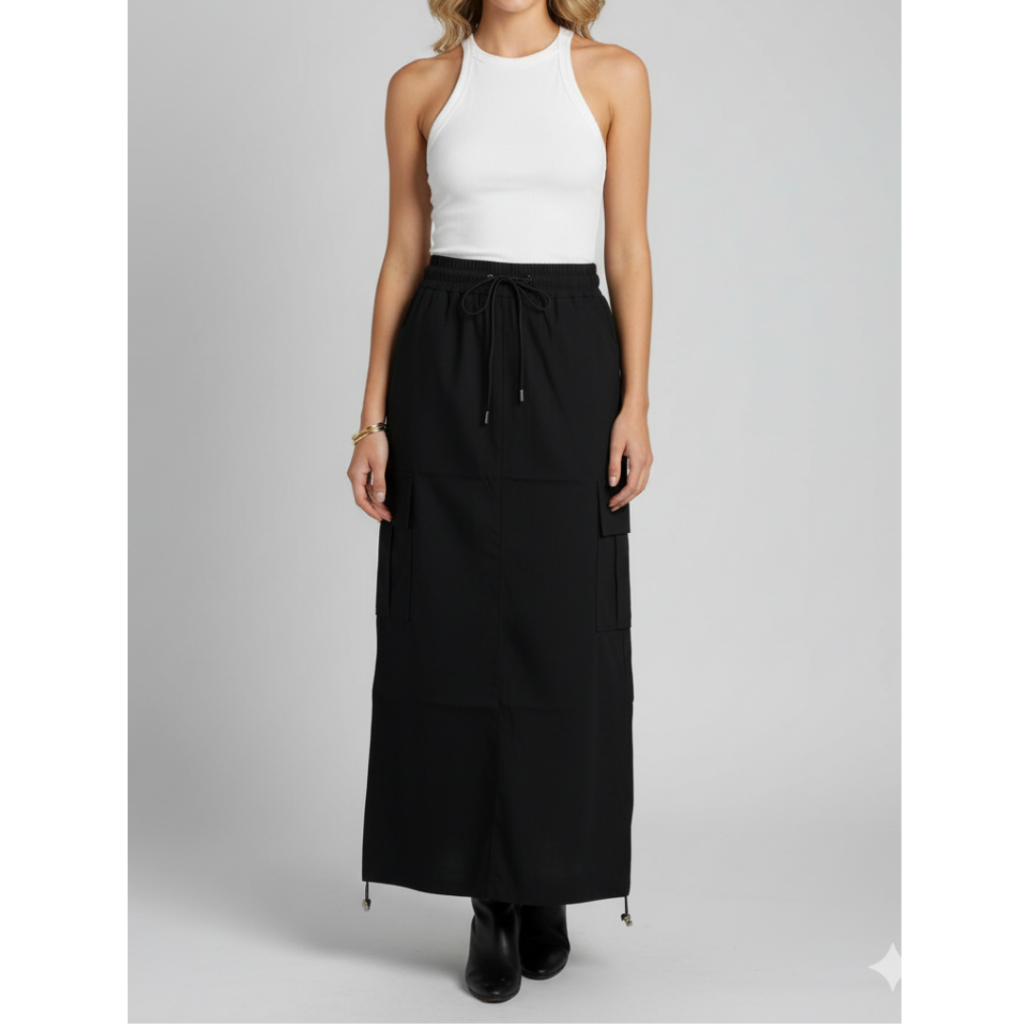 Pinkdose Rok Bawah Parasut Serut Hitam Polos | Rok Parasut Wanita