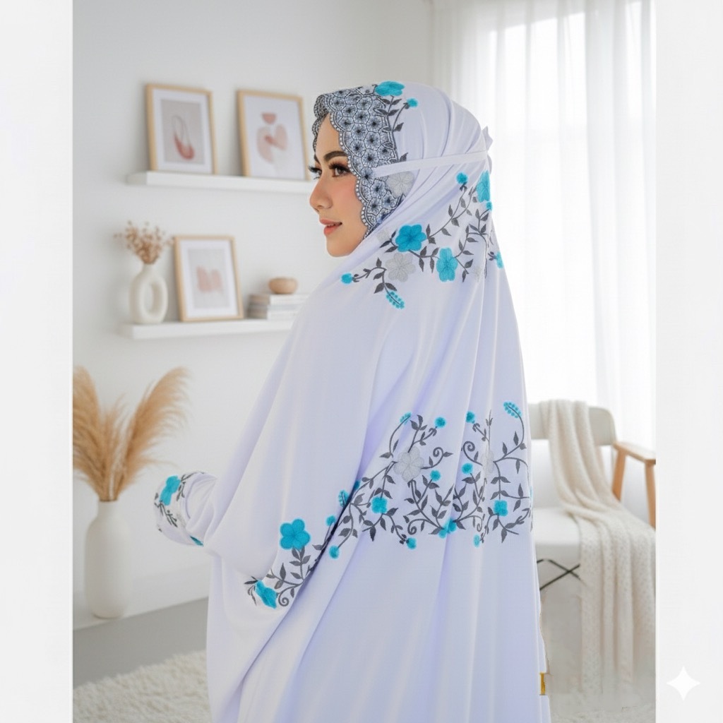 MUKENA DEWASA BORDIR LAJURAN PANJANG POLINO PUTIH BORDIR DAUN HITAM BUNGA WARNA | MUKENAH TERUSAN/LA