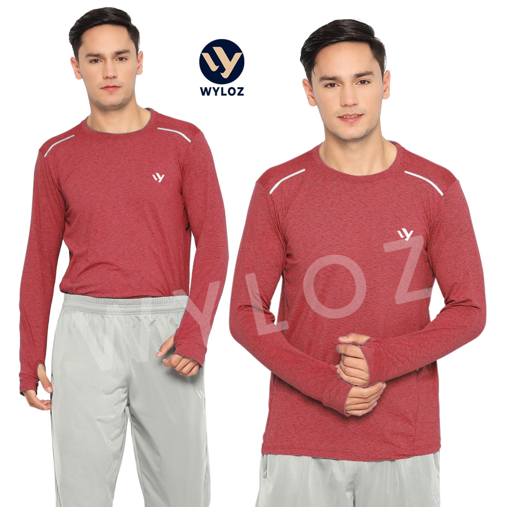 WYLOZ Baju Kaos Olahraga Lengan Panjang Jersey Training Gym Pria Cowok Laki Outdoor Merah Twotone