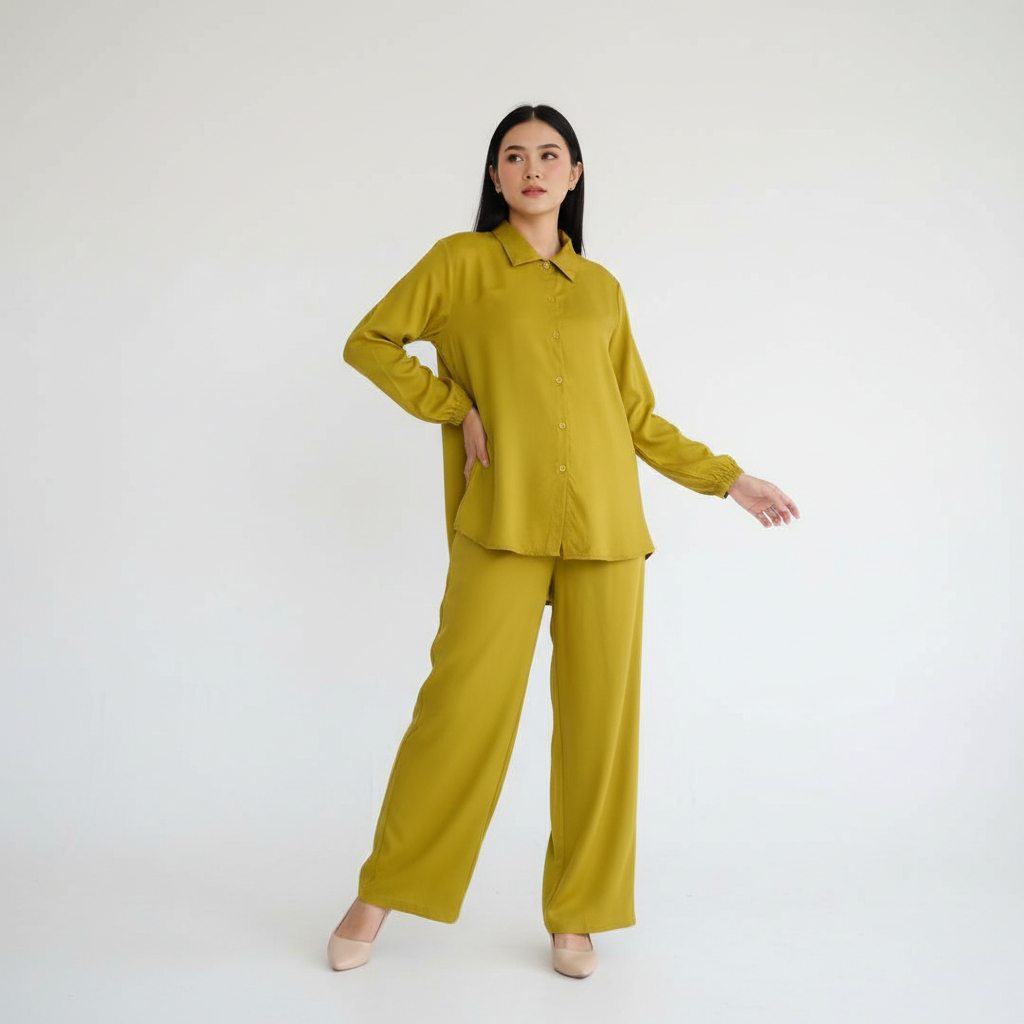 One Set Rayon Wanita Lengan Panjang Polos Kekinian Baju Tidur