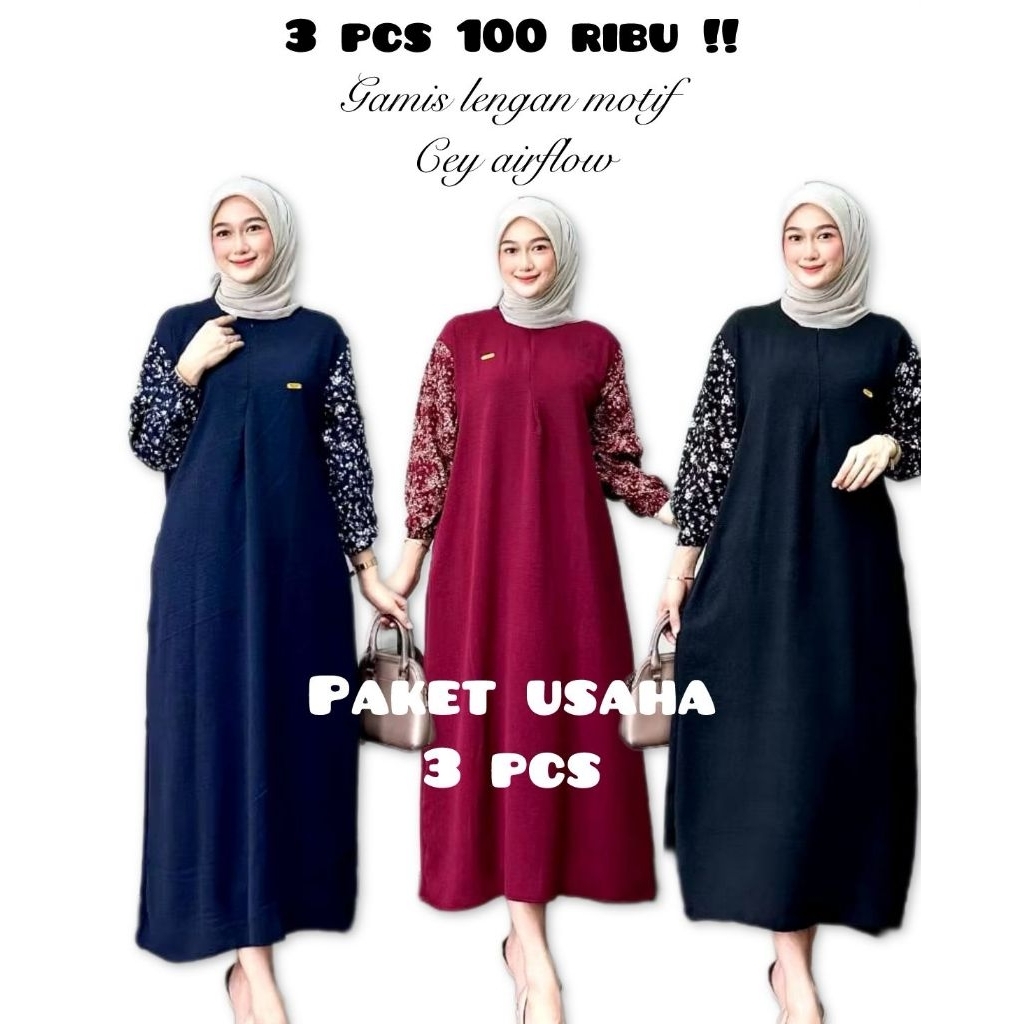3 Pcs 100 Ribu Gamis Fathia Lengan Motif Ld 120cm Pb 135cmBahan Cringkel AirFlow Mix Rayon Viscous