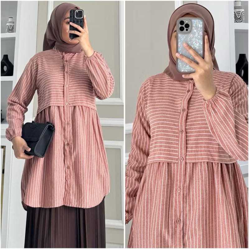 PAULA ~ Kemeja salur katun lengan panjang / baju muslim wanita / atasan salur jumbo / fashion hijab 