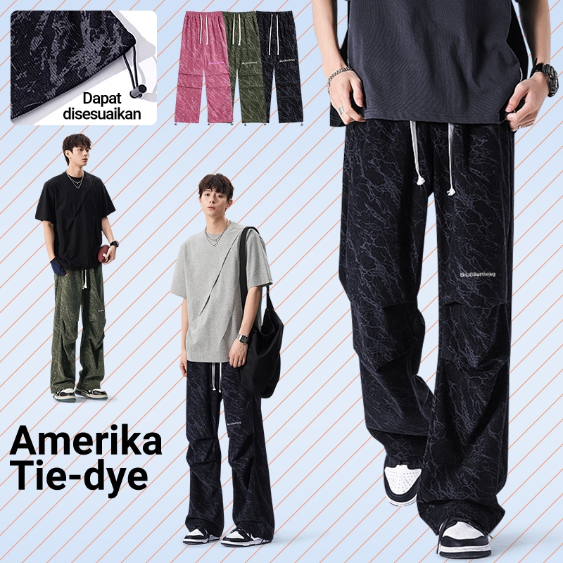 Celana Panjang Pria Amerika Tie-Dye Corduroy Lipit Longgar M-3XL Streetwear Korea Gaya Celana Kasual