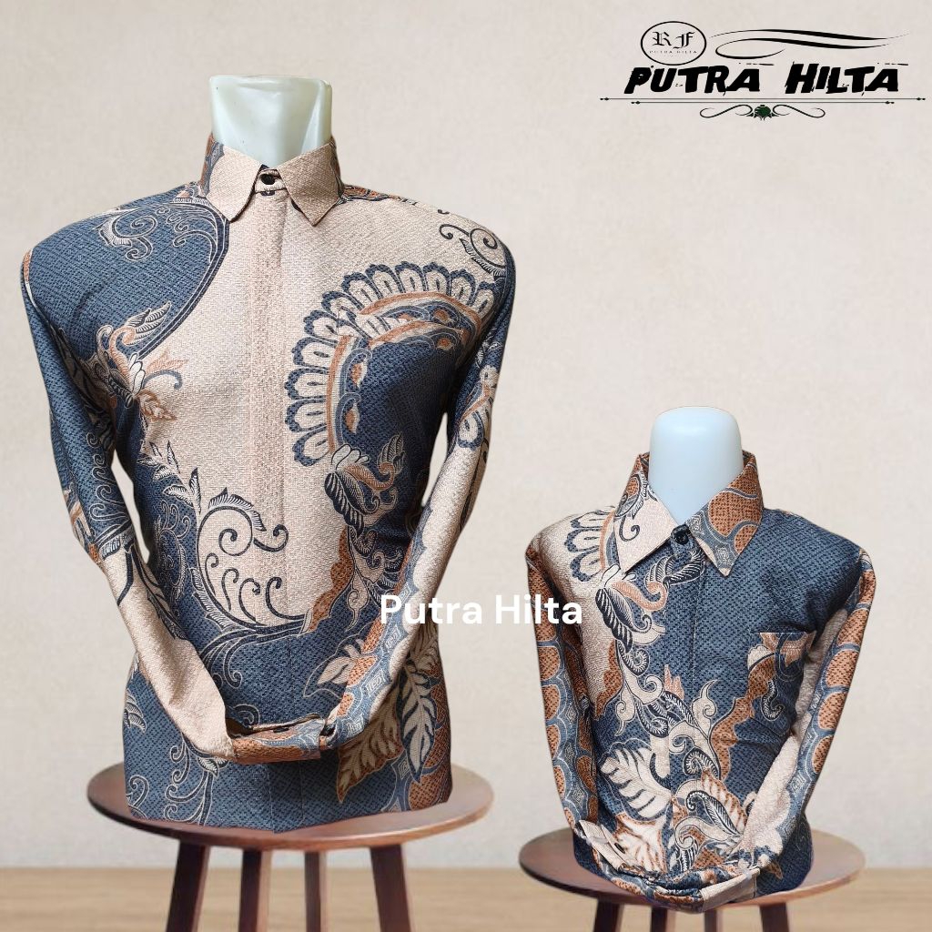 Kemeja Batik Bahan Dobby RoseGold Abu Abu Coupel Ayah Dan Anak Lengan Panjang Lapis Furing Premium//
