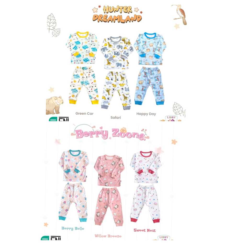Libby Setelan Baju Oblong Panjang Celana Panjang Motif Hunter Dreamland & Berry Zoona | Piyama Anak