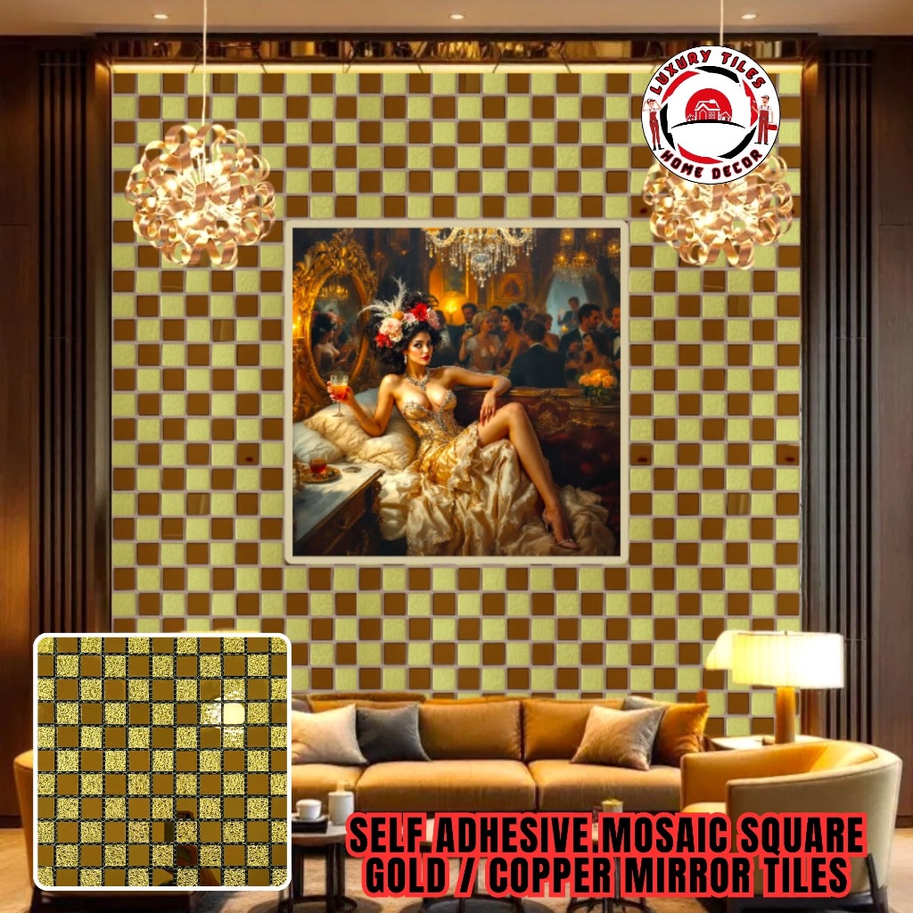 10 Choice ADHESIVE Mosaic Square Gold Mirror glass tiles Dinding Keramik Dekorasi Mewah Wall Art