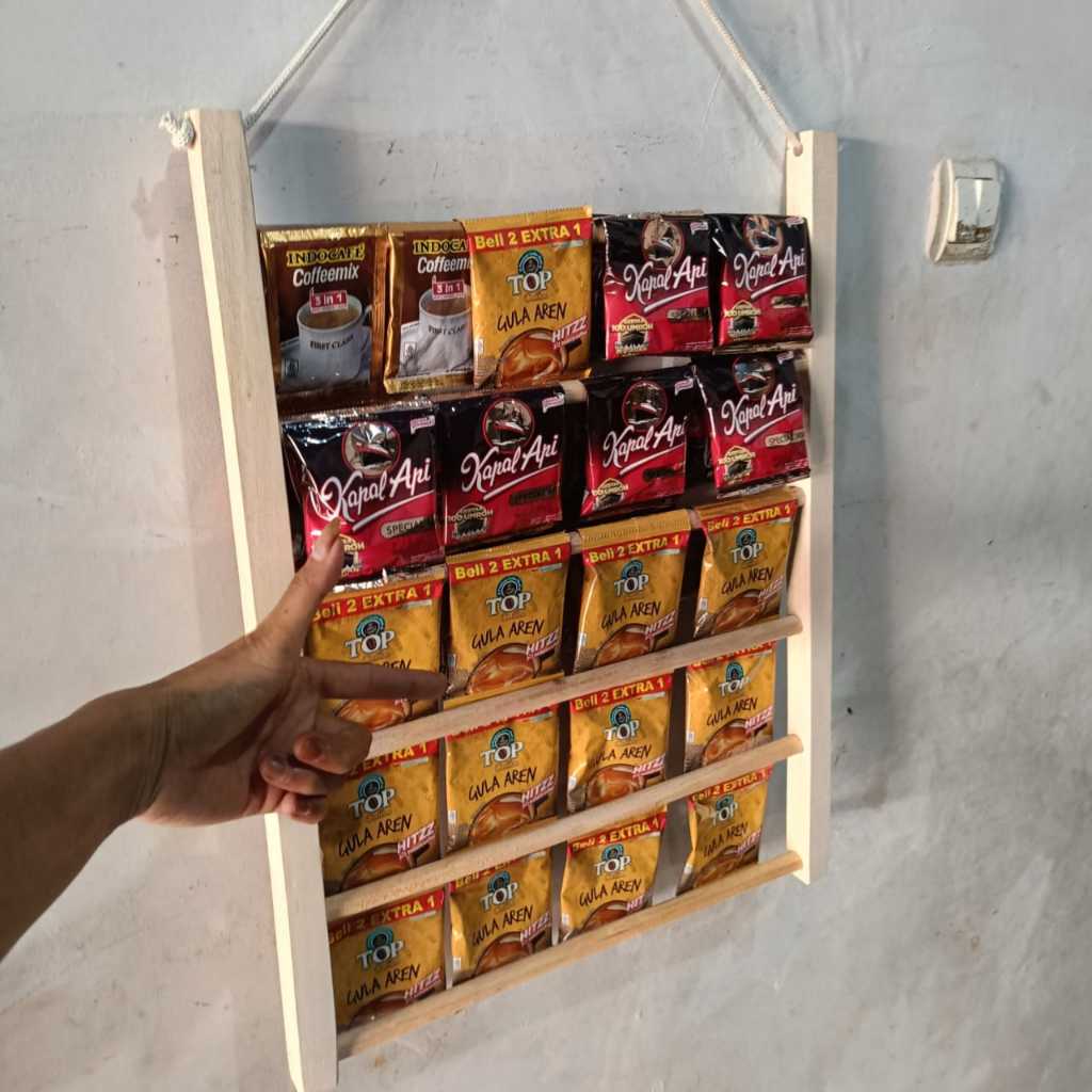 Rak Rencengan Jajanan Warung Gantungan Kopi Sachet Rak Minuman dari kayu serbaguna aesthetic
