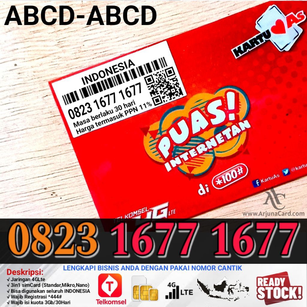 perdana Telkomsel 7777 Kartu As 1677 1677 Nomor Cantik ABCD 4g
