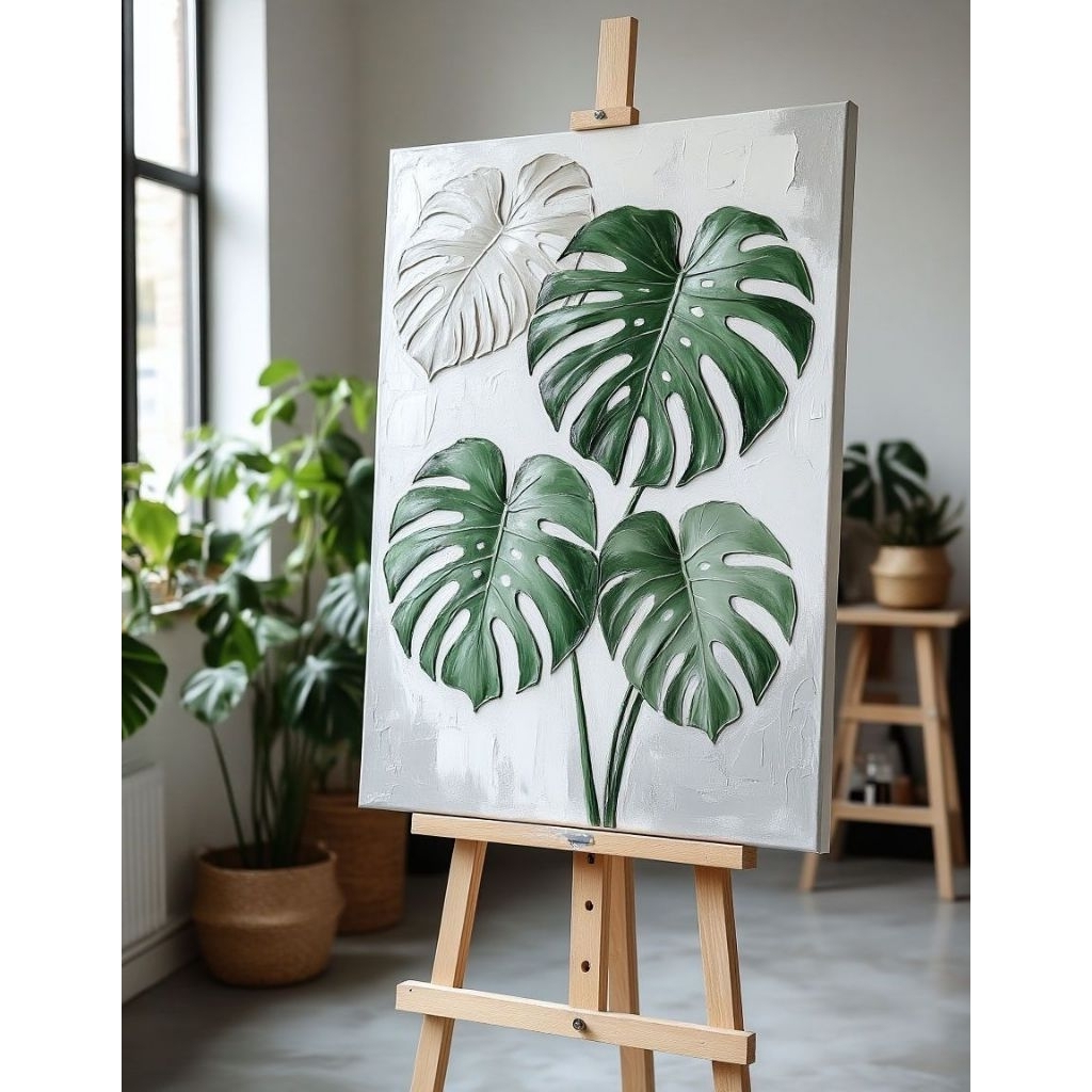 Lukisan Dinding Daun Monstera - Lukisan Tangan Asli - Lukisan Tekstur Timbul 3D - Hiasan Dinding Rua
