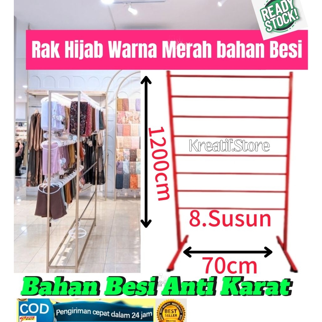 rak hijab 8susun warna merah bahan besi/gantungan hijab bahan besi antikaratterlaris
