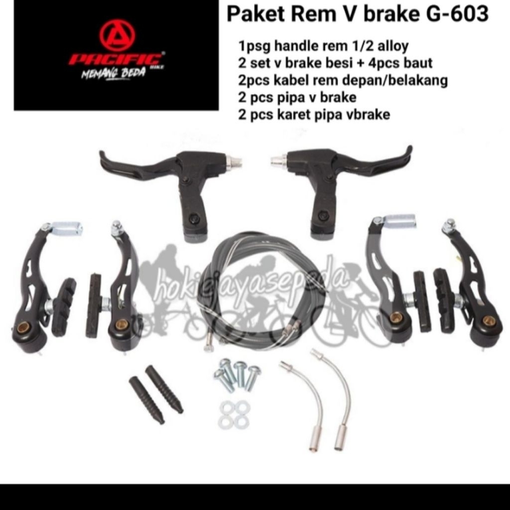 Pacific Rem Sepeda V Brake G-603 untuk Ukuran 16 18 20 24 26 27,5 Paket Lengkap Handle Rem Alloy Kab