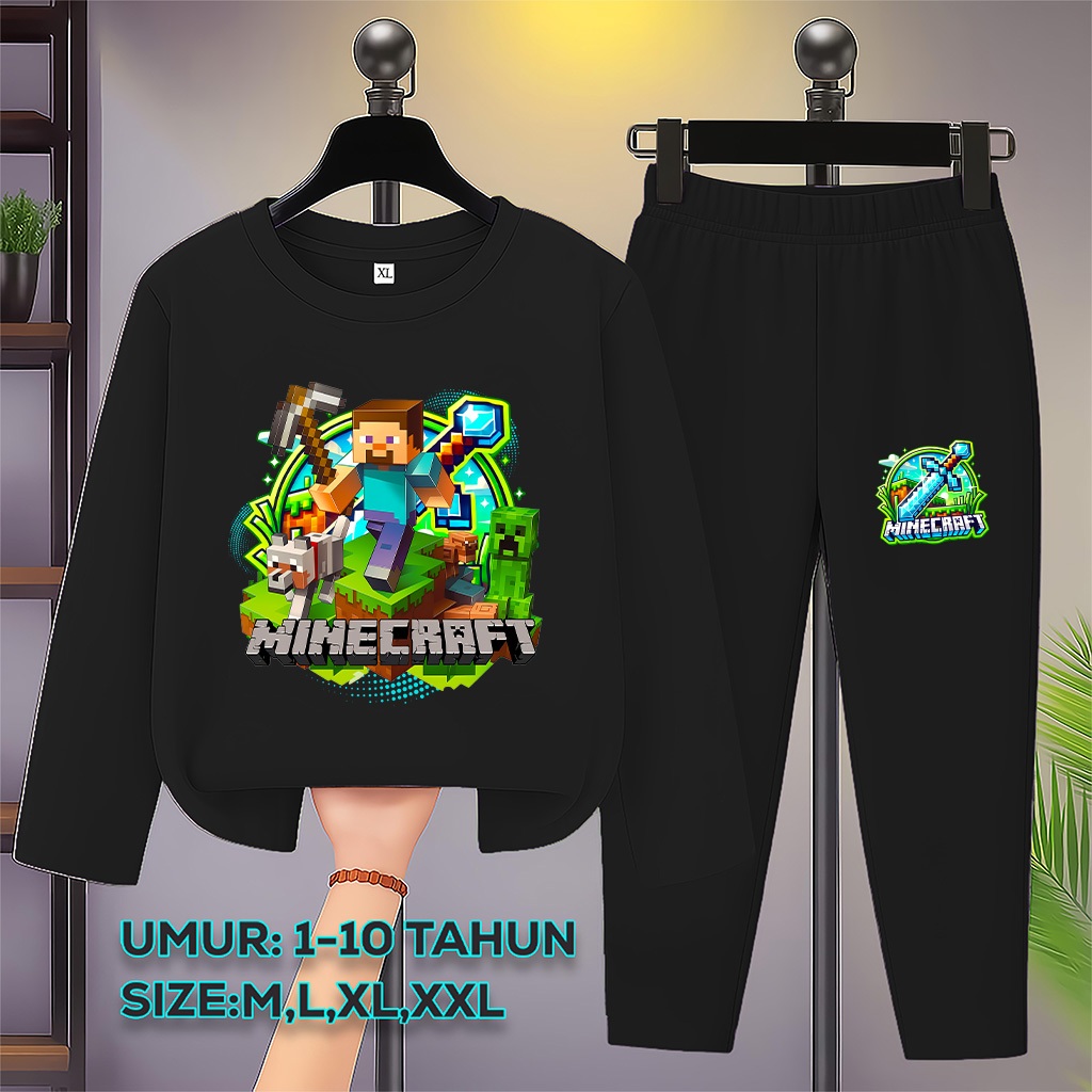 Baju Minecraft Anak Laki-Laki Umur 3-10 Tahun Setelan Lengan Panjang Anak