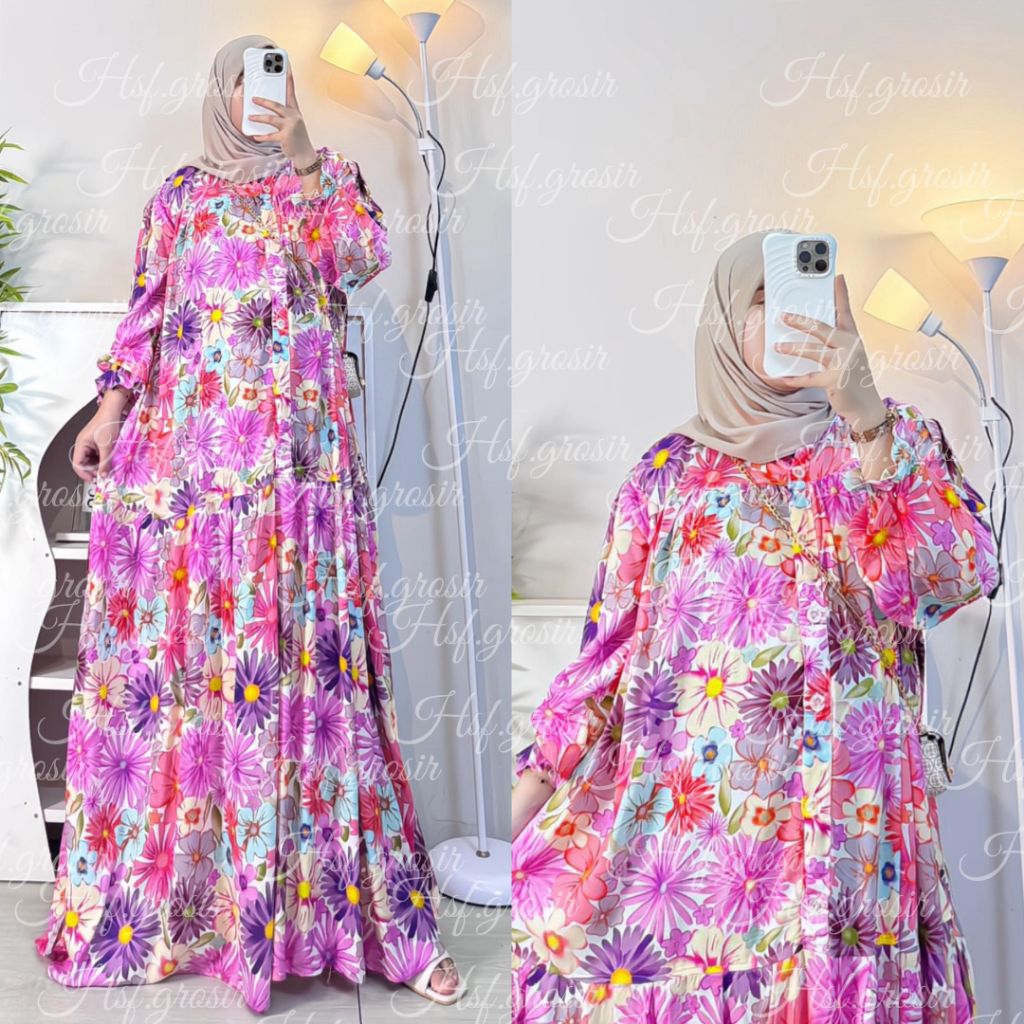 Ready Dewina dress || baju gamis wanita muslim model lonceng jumbo bahan rayon adem