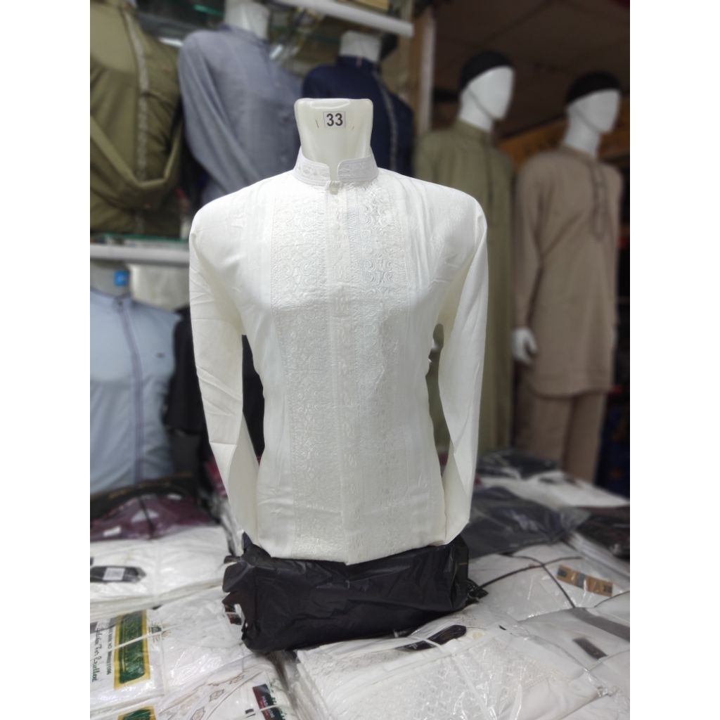 BAJU KOKO HASGRADINI BORDIR PUTIH JAHITAN RAPI/BAJU KOKO KATUN JACGUARD PUTIH TULANG/BAJU KOKO PUTIH