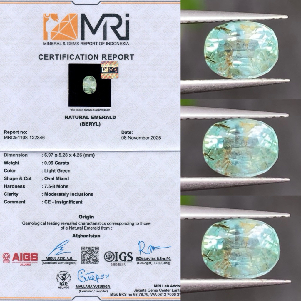 0,99 cts Natural Insignificant Panjshir Emerald (Zamrud) origin Afghanistan Sertifikat MRI