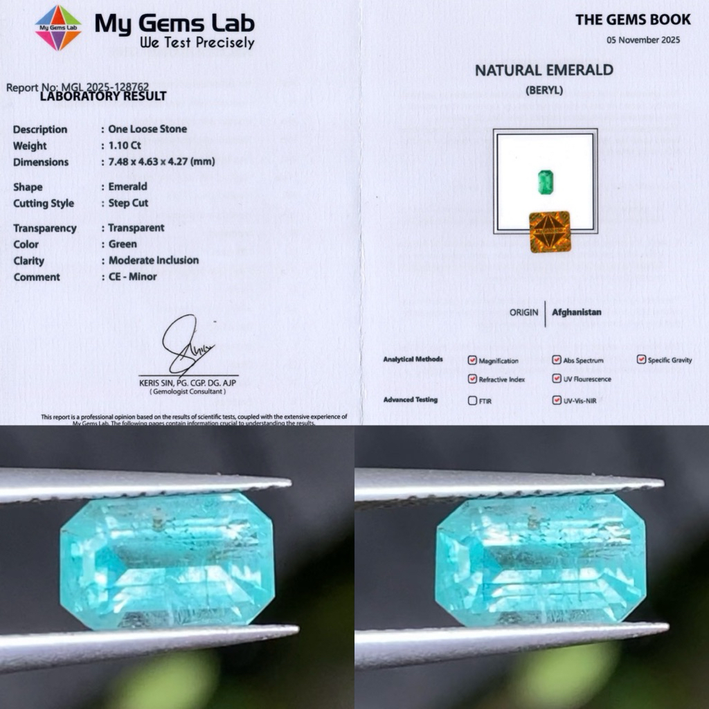 1,10 cts Natural 100% Panjshir Emerald (Zamrud) origin Afghanistan Sertifikat My Gems Lab
