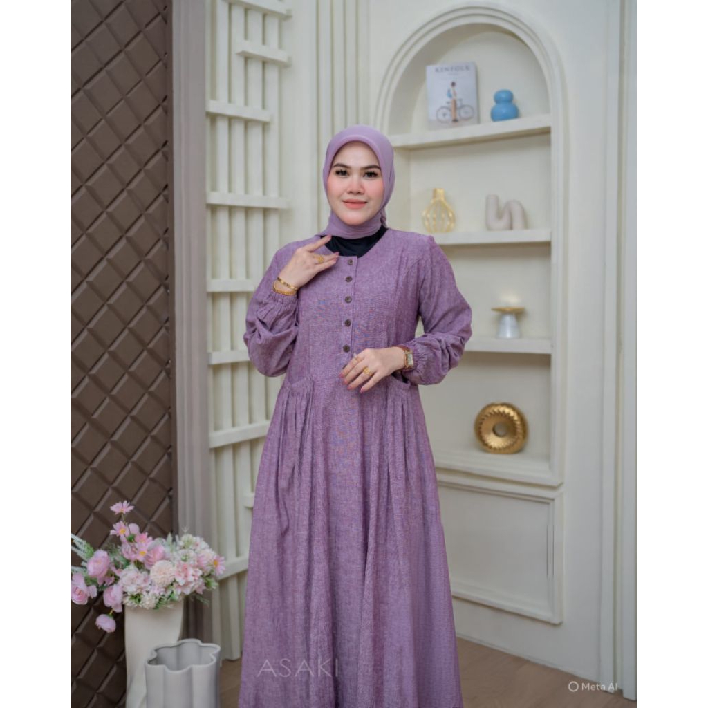 RAZAKY JAYA Gamis Asaki Bahan Linen Import Flannel & Codoray Original Desain Elegan Nyaman Size M L 