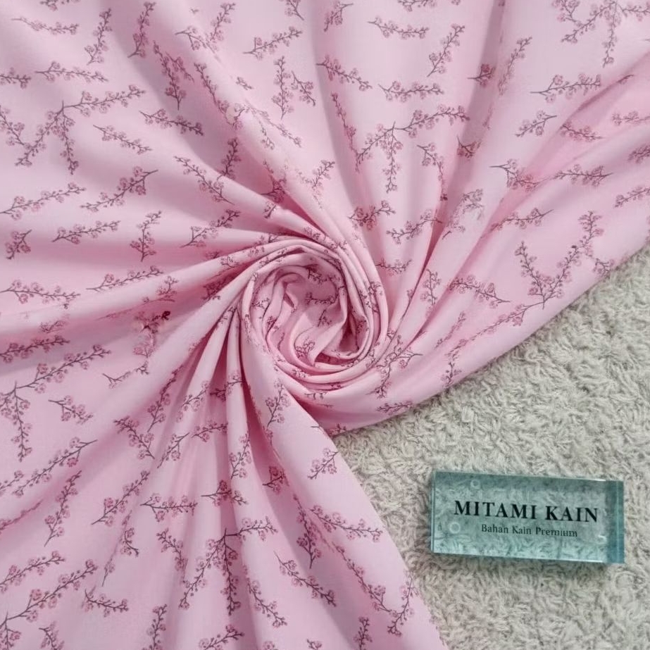 Kain Ceruty Babydoll Motif Bunga Sakura Pink - Bahan Hijab & Gamis Premium (Harga Kain Per½ Meter)