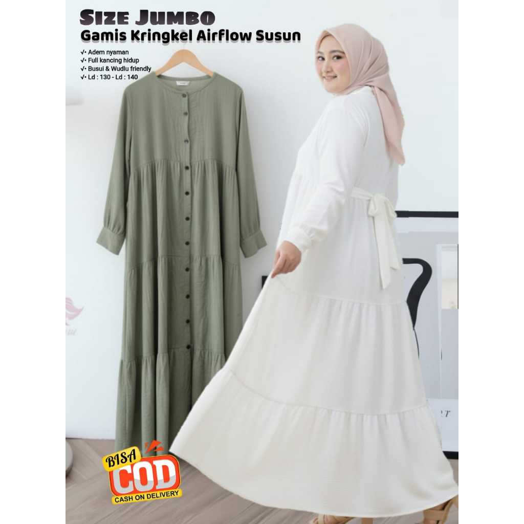 Gamis Rempel Susun Bahan Crinkle Jumbo Full Kancing Depan Aktif Busana Muslimah Terbaru