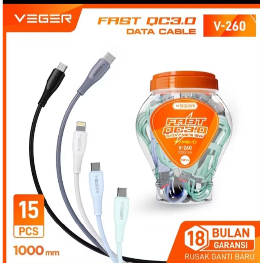 Kabel Data Veger V260 Type C/V270 Iphone/V250 Micro USB Fast Charging.