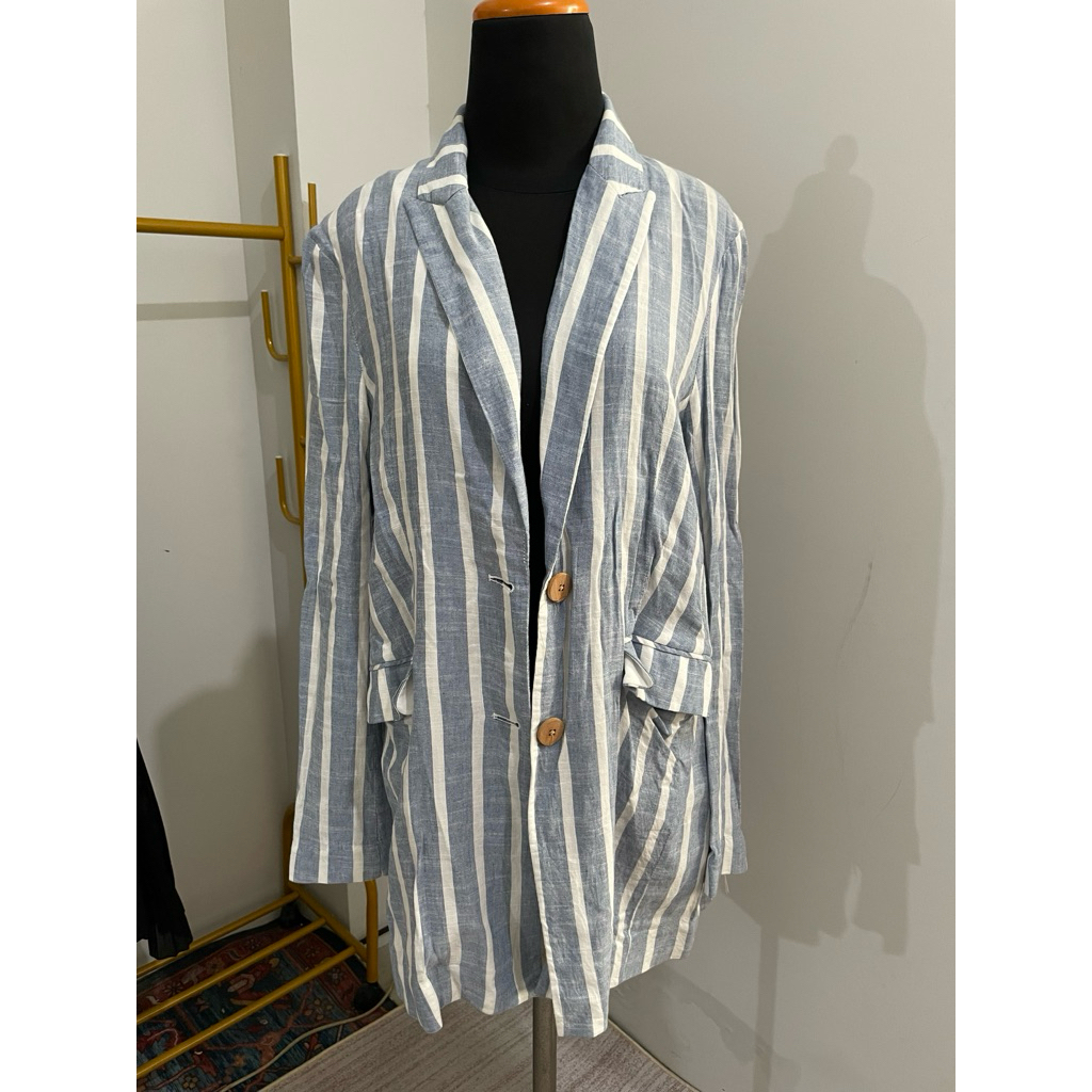 Blazer Wanita Garis Biru Putih – Outer Linen Premium Oversize, Jas Santai Korean Style, Blazer Motif