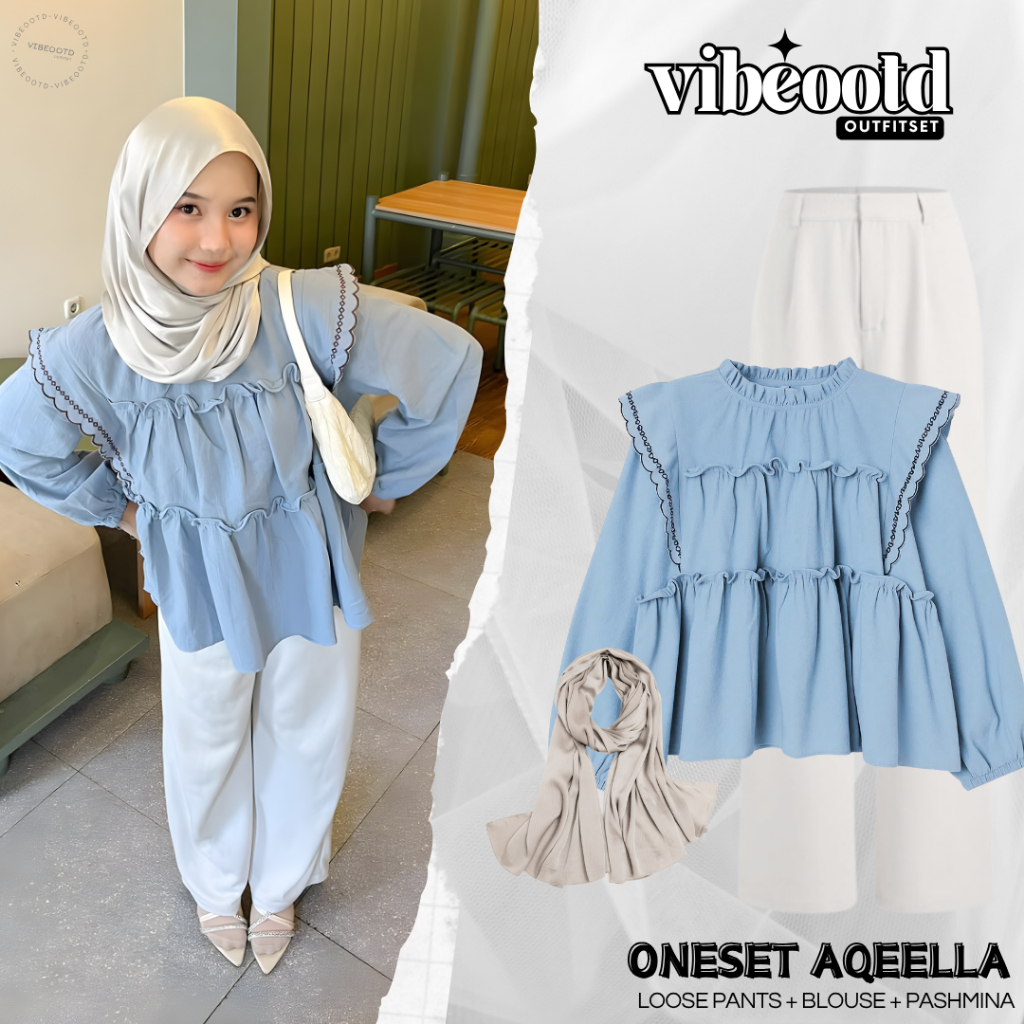 Aqeella Outfit Set Wanita Hijab ( Celana Kulot + Blouse Bordir + Pashmina Silk ) Ootd HangoutSimple